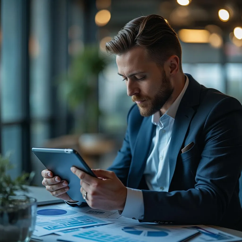 Consultor experto analizando datos financieros en una tablet